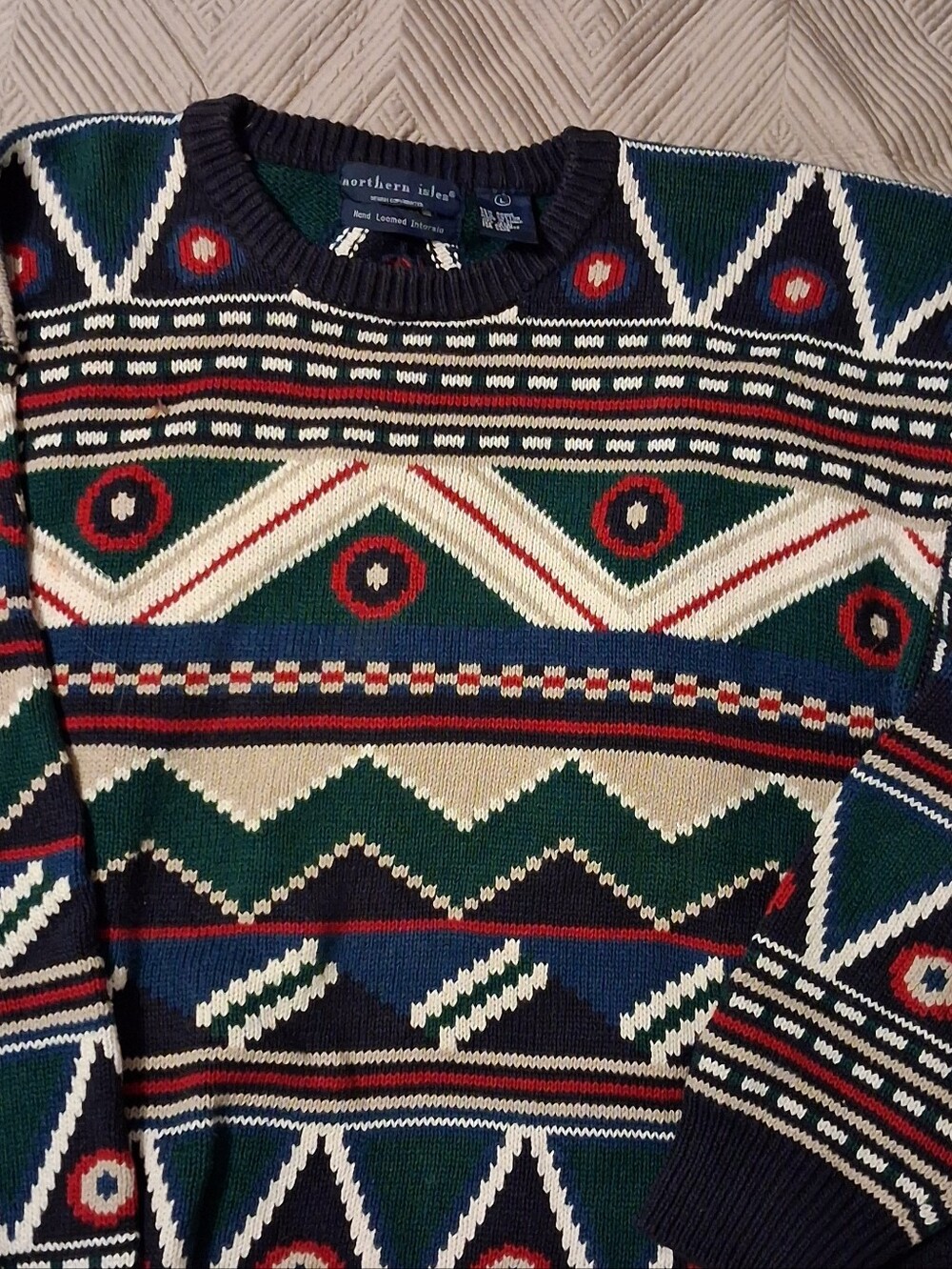 Men's L Wool Blend Crewneck Sweater in Green Cream Multi